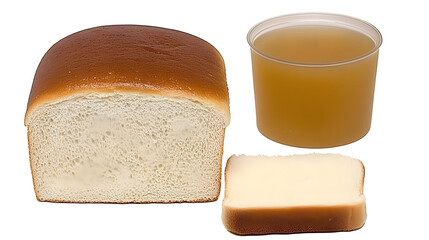 Studio Shot of Bread Loaf with Slice and Amber Drink on Transparent Background Featuring Fresh Baked Wheat Grain Healthy Nutrition Food Isolated