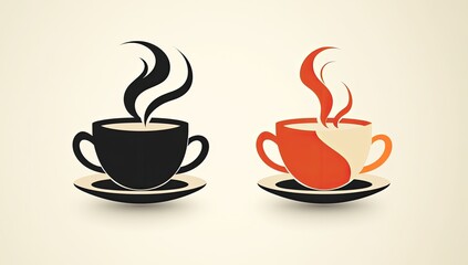 Fototapeta premium Two stylized coffee cups with steam, one black, one orange.