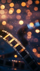 A close-up of a film reel with bokeh lights in the background, evoking cinematic themes.