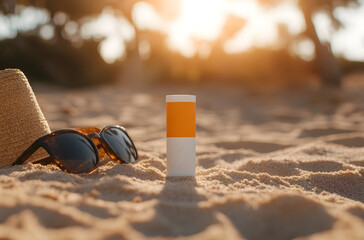 Obraz premium Sunscreen Bottle And Sunglasses On Sandy Beach With Vibrant Sunset In Background