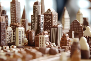 a whimsical cityscape crafted entirely from various chocolates featuring milk chocolate skyscrapers with white chocolate windows and dark chocolate details