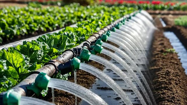 Irrigation system watering leafy greens in field