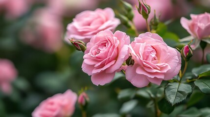 Pink roses blooming in garden, blurred background, romantic