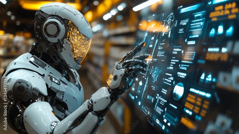 Poster an android conducting price comparisons on a digital display in a modern retail environment