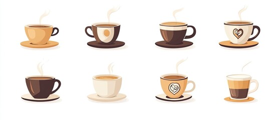 Eight steaming cups of coffee in various designs and colors.