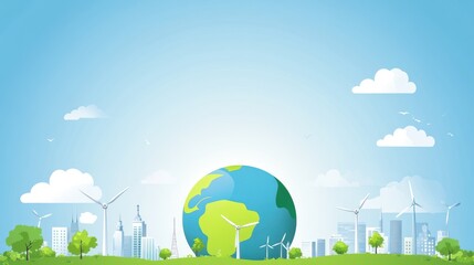 Earth, cityscape, wind turbines, clean energy, illustration, stock photo
