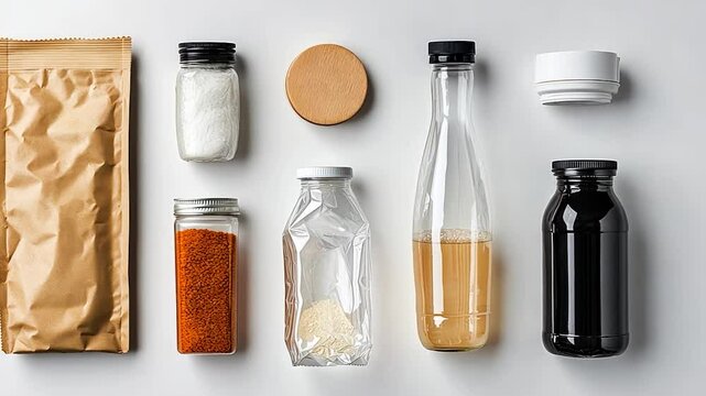 Various food containers on white background