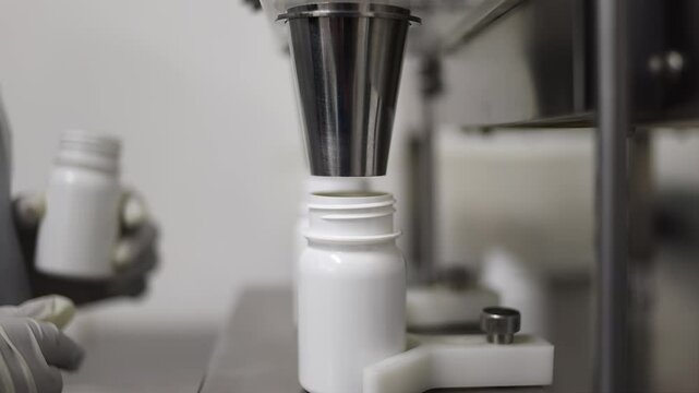 In pharmaceutical factory pills drop from counter into plastic bottles