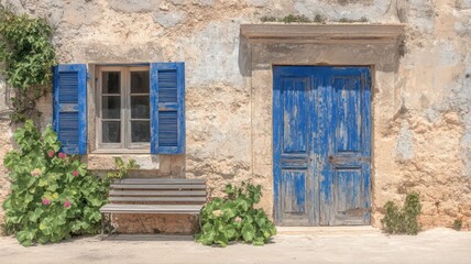 Fototapeta premium Weathered Stone Building with Blue Door and Window