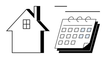 Minimalist black-and-white house with a window and a spiral-bound calendar. Ideal for home maintenance, event planning, real estate, scheduling, property management, reminders, flat simple metaphor