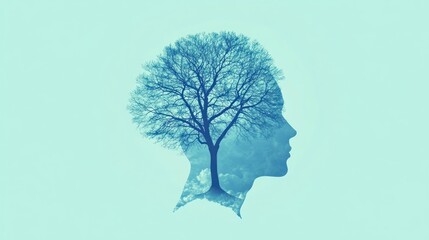 Abstract human profile with tree, serene background, artistic overlay, conceptual image, introspection, for social media