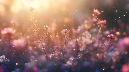 A vibrant field of flowers illuminated by soft light, creating a dreamy atmosphere.