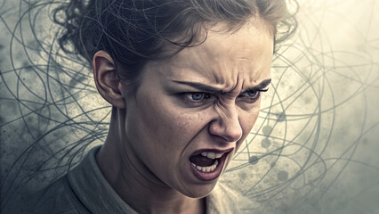 Close-up of a stressed person with furrowed brows, surrounded by chaotic overlapping lines, symbolizing emotional tension and mental pressure in modern life.