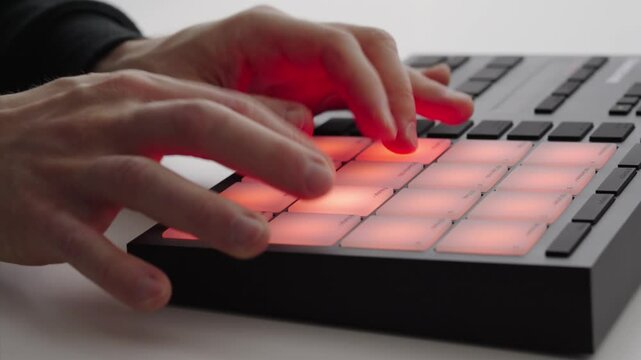 Man finger drumming on a drum pad controller. Music production. Close up