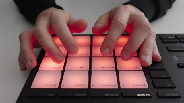 Man finger drumming on a drum pad controller. Music production. Beatmaking. Close up