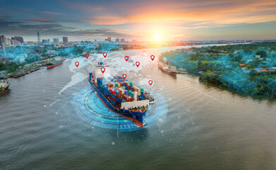 Aerial top view containers ship cargo business commercial logistic and transportation international import export by container freight cargo ship with ocean network on map