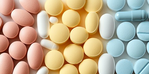 Various Types of Tablets and Capsules Arranged in a Colorful Display for Healthcare and Wellness Concepts