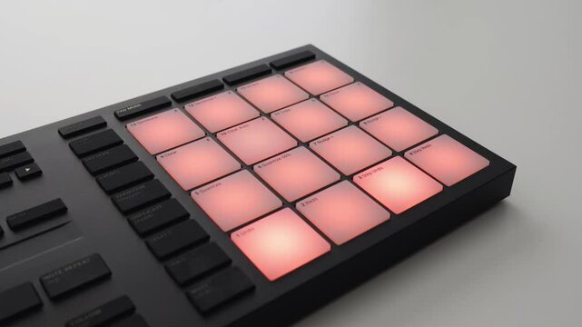 Drum pad controller on a table. Pads blinking. Music production