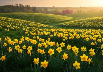 黄金色の水仙畑、夕陽輝く丘陵地帯