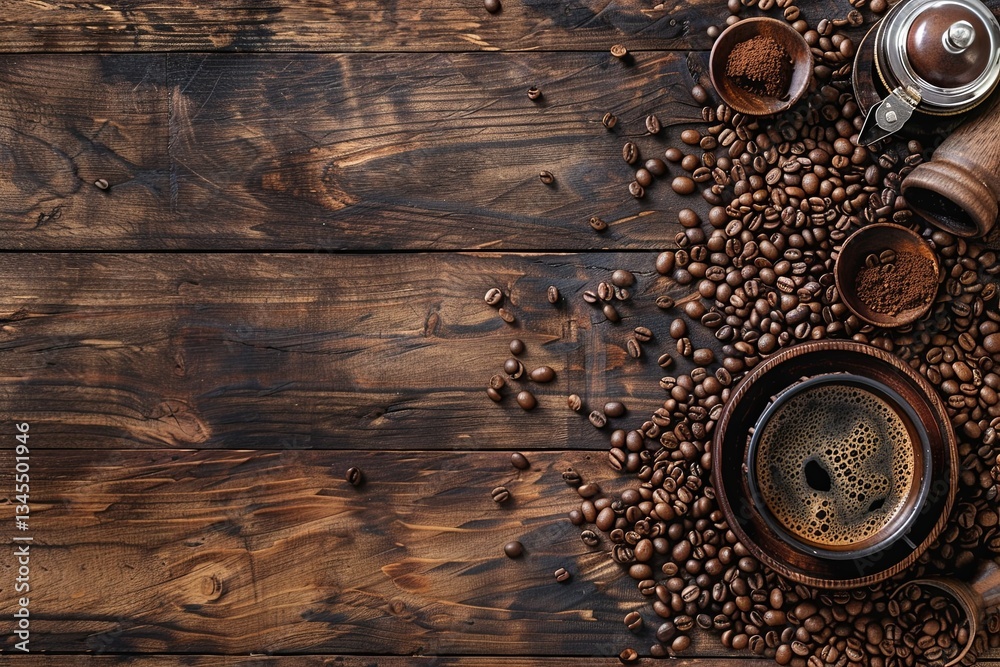 Poster Enjoy premium coffee experience with freshly ground beans on a rustic wooden table Generative AI