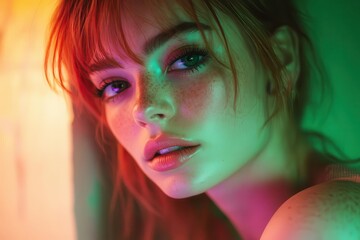 Fototapeta premium a young woman with striking emerald eyes and copper hair ethereal side lighting intimate macro portrait freckled skin cinematic color grading