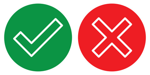 Green check mark, red cross, x mark icon, set of flat rounded right and wrong vector sign concept. Green check mark and red cross sign isolated eps 10