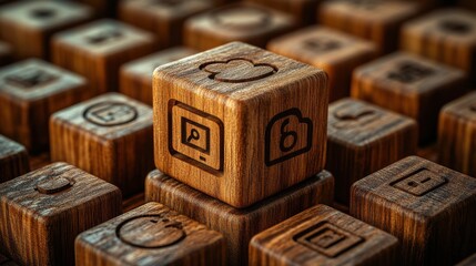 Obraz premium cloud computing concept cloud server and users top view of many wood cubes with computer icons
