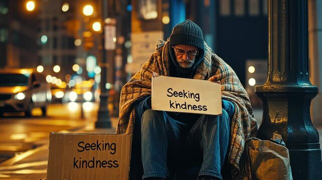Elderly man sitting on a cold city sidewalk, wrapped in a tattered blanket, a cardboard sign reading "Seeking kindness" propped beside him, dim urban backdrop