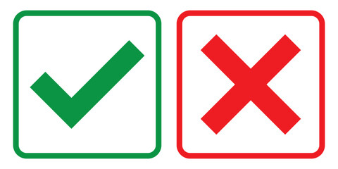 Green check mark, red cross, x mark icon, set of flat rounded right and wrong vector sign concept. Green check mark and red cross sign isolated eps 10
