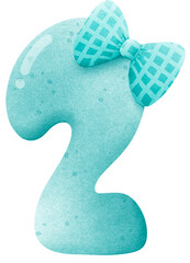 Watercolor cute number 2 with ribbon clip art, number hand drawn for kids