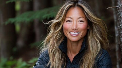 Naklejka premium Smiling woman, forest background, portrait, outdoors, nature