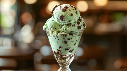 Fototapeta premium Deliciously Presented Scoop of Mint Chocolate Ice Cream in a Clear Glass Dish