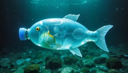 Fototapeta premium Plastic Fish Swimming Through Ocean Waters 