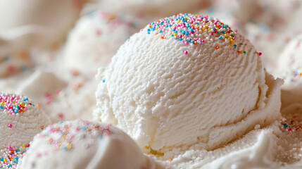 Sweet Dreams: An inviting close-up of creamy ice cream, adorned with colorful sprinkles. The chilled treat appears fresh and tempting, perfect to satisfy your sweet cravings