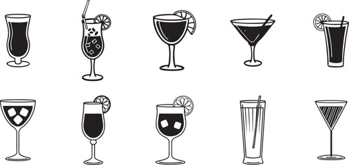 Illustrated Collection of Cocktail Glasses Showcasing Diverse Beverage Designs. set