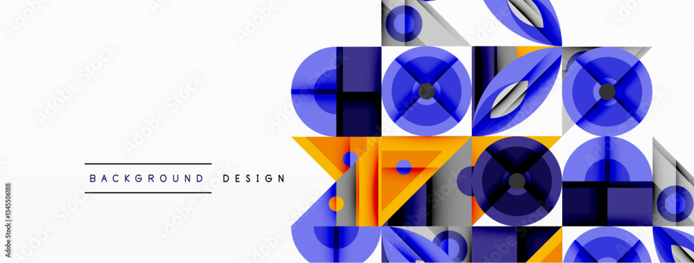Poster Geometric abstract composition with intersecting shapes, circles, triangles, and gradients, blending vibrant colors and dynamic contrasts to create a modern, futuristic visual design