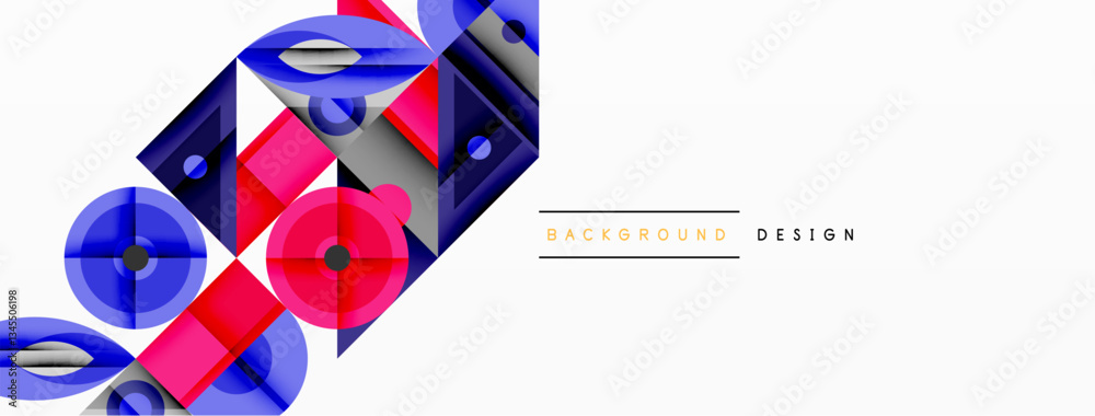 Poster Geometric abstract composition with intersecting shapes, circles, triangles, and gradients, blending vibrant colors and dynamic contrasts to create a modern, futuristic visual design