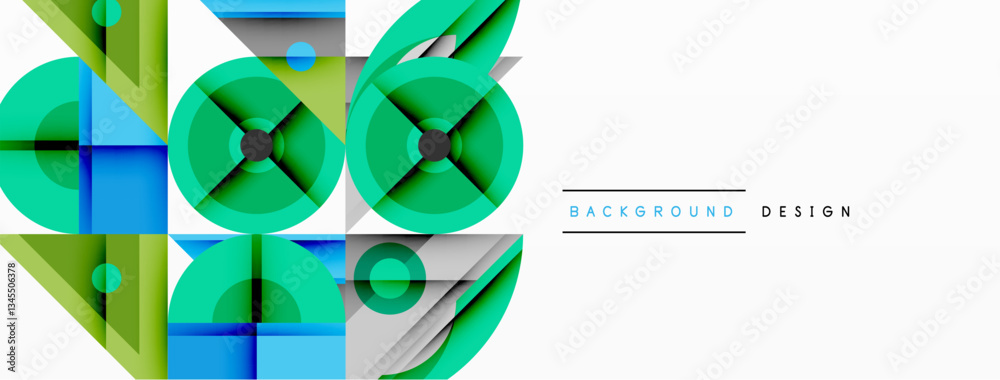 Poster Geometric abstract composition with intersecting shapes, circles, triangles, and gradients, blending vibrant colors and dynamic contrasts to create a modern, futuristic visual design