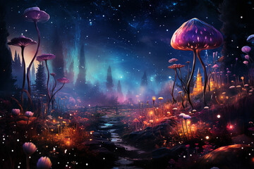 forest at night is filled with an enchanting aura as moon radiant light bathes surroundings shimmering silver hue, evoking a sense of intrigue and serene elegance