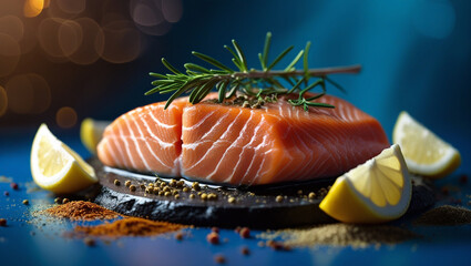 Raw fresh fish salmon steak top view on blue background with rosemary, lemon wedges and spices