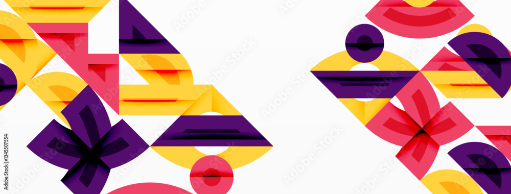 Poster Abstract geometric background with shapes, featuring circular and rounded elements. Bold contrast, smooth gradients, dynamic composition, futuristic style