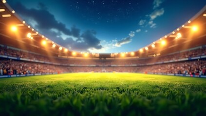 Fototapeta premium Blurred Background of a Sports Stadium with Bright Floodlights, Representing Excitement and Game Day Atmosphere