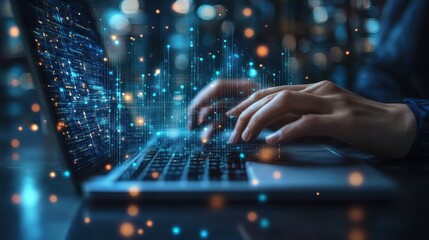 computer network and data analysis man using laptop graphs and charts on laptop screen blue network structure