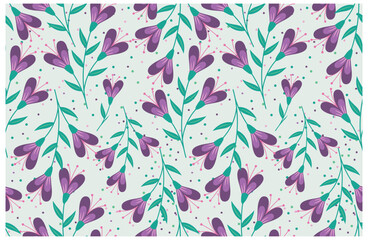 A visually appealing print pattern composed of purple flowers and green leaves, highlighting a beautiful floral arrangement. , it could be used as a wallpaper, fabric design, pillow and curtains

