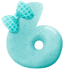 Watercolor cute number 6 with ribbon clip art, number hand drawn for kids