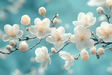 White Cherry Blossoms Against a Soft Blue Background