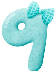 Watercolor cute number 9 with ribbon clip art, number hand drawn for kids