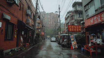 Obraz premium Rainy City Street Scene: Red Buildings and Wet Pavement