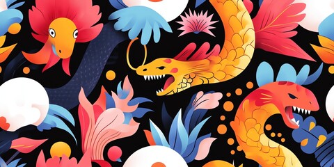 Stylized Dragon Artwork with Floral and Geometric Pattern Background