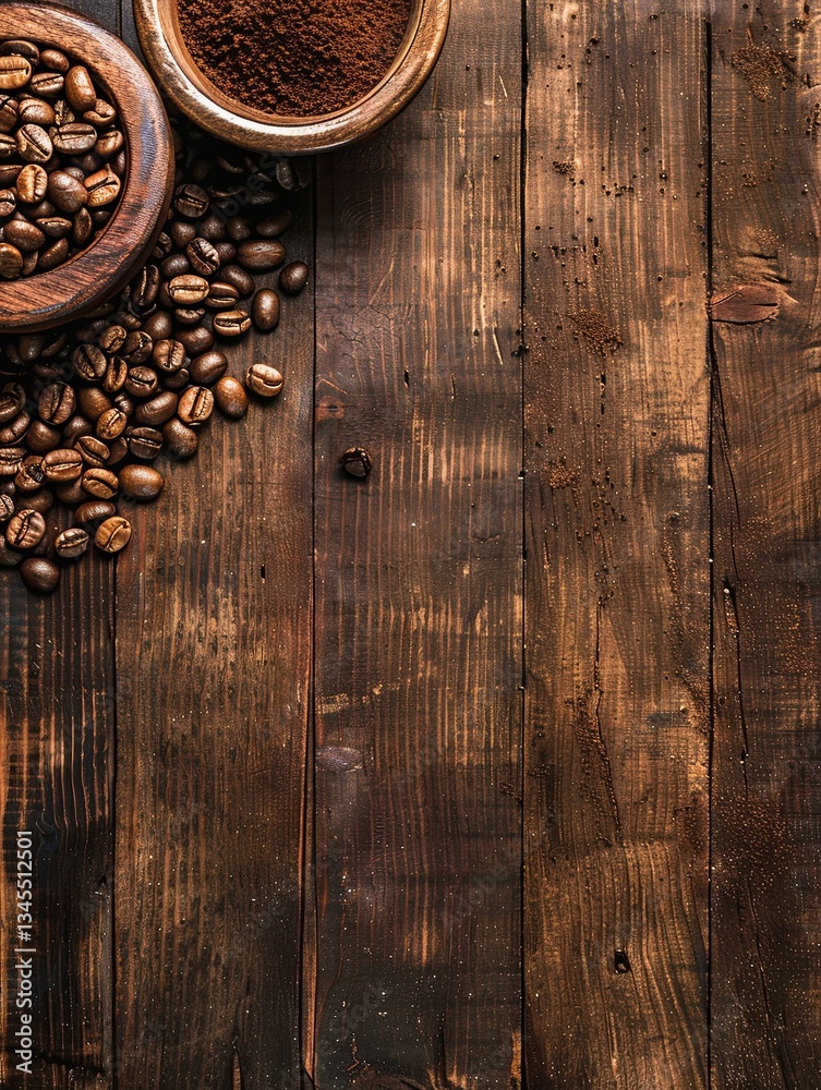 Poster rich coffee beans and grinders arranged on a rustic wooden table inviting you to enjoy the perfect b